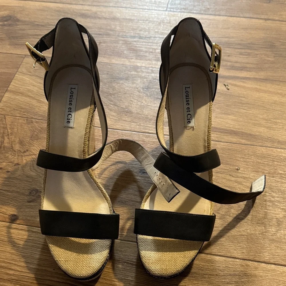 Louise et Cie Black & Natural Straw Trim Strappy Heels